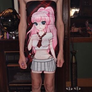 Silky Anime Print Tube Dress with Pink Hair Character
